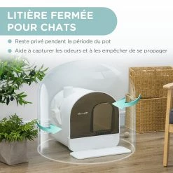 Meilleur prix 😉 Pawhut Maison de toilette bac à litière pour chat avec porte battante, pelle et filtre inclus dim. 43L x 44l x 47H cm PP blanc marron fumé 🧨 -Promos Chat Boutique 3662970115534 5