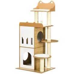 Acheter 👏 Pawhut Arbre à chat design contemporain griffoir sisal naturel 2 niches plateformes jeu boule suspendue MDF blanc aspect hêtre clair ⭐ -Promos Chat Boutique 3662970115879 4