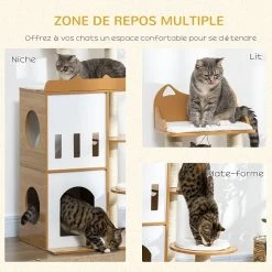 Acheter 👏 Pawhut Arbre à chat design contemporain griffoir sisal naturel 2 niches plateformes jeu boule suspendue MDF blanc aspect hêtre clair ⭐ -Promos Chat Boutique 3662970115879 5