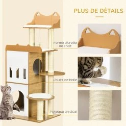 Acheter 👏 Pawhut Arbre à chat design contemporain griffoir sisal naturel 2 niches plateformes jeu boule suspendue MDF blanc aspect hêtre clair ⭐ -Promos Chat Boutique 3662970115879 6